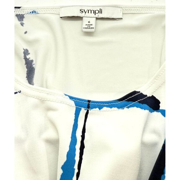 Sympli White Tunic Top Blue Artsy Print Slinky Knit Jersey Stretch Artsy Size 6 - Picture 5 of 8